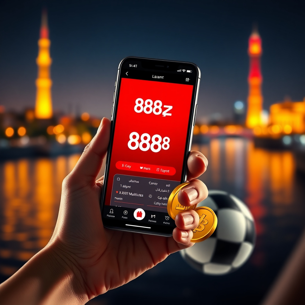 A hand holding a luxury smartphone displaying the official 888starz Egypt app with a sleek red and black interface in Arabic, background is the Cairo Tower and the Nile River at night with vibrant golden and red bokeh lights, 3D golden coins and a soccer 